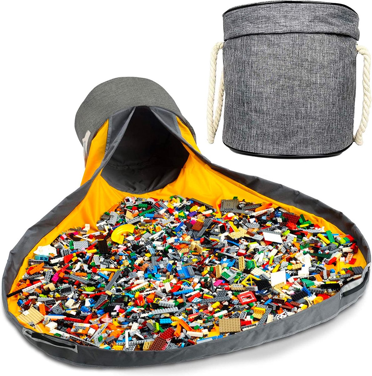 Collapsible storage bucket with bricks inside